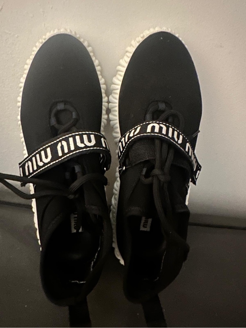 Miu Miu Black and White Logo Strap Athletic Sneakers